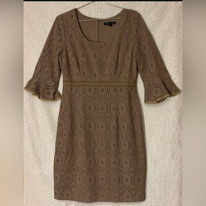 Womens Beige Taupe Lace Dress with Flounce Sleeves Elegant Size 14